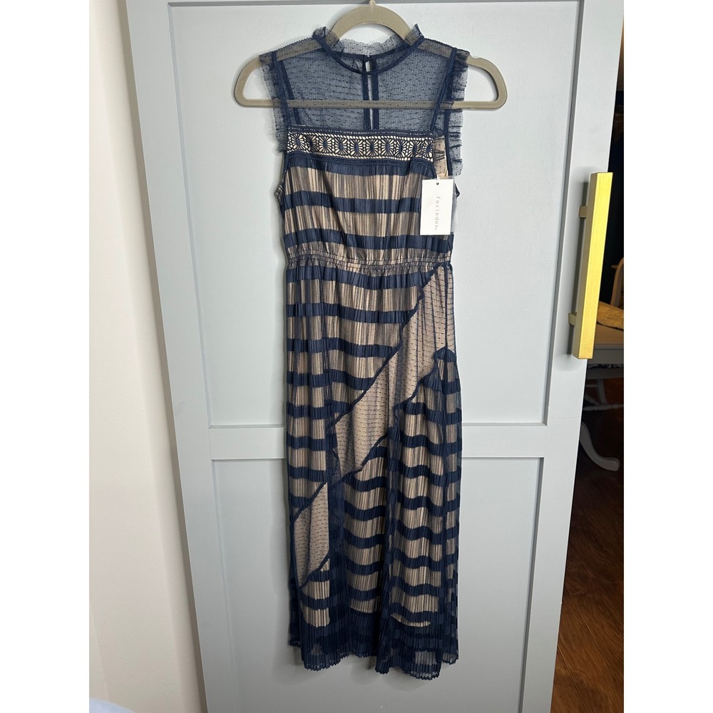 Foxiedox Navy Tan Striped Pleated Mesh Lace Midi Dress XXS NWT